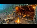Building a bushcraft big shelter for survival in the wild 3 days mushroom cooking camping asmr