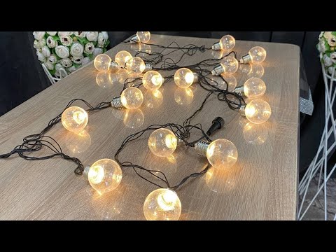 Гірлянда лампочки 12 LED, 5 м + перехідник, Теплий білий колір, 40 мм лампочка (Только ОПТ), видео 1
