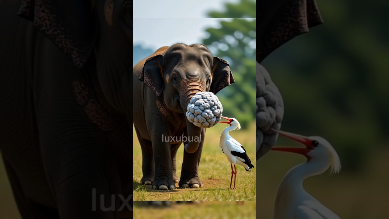 Insect nests built on the elephant's nose, the stork helped it get rid of them 