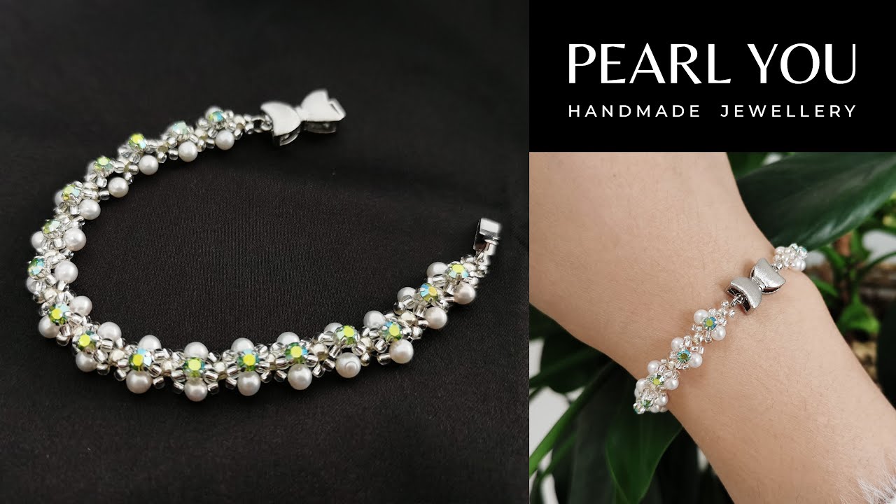 DIY a Pearl Bracelet with Green Crystals at home! Handmade Pearl