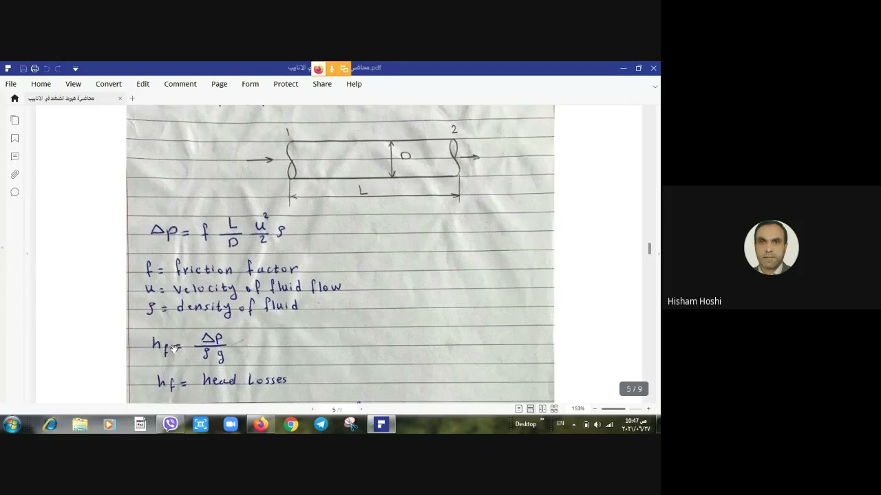 محاضرة هبوط الضغط في الانابيب