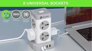 UltraProlink UM1155U Power Tower Surge Protector with 8 Sockets | 3 USB-A ports | 1 USB Type C Port.