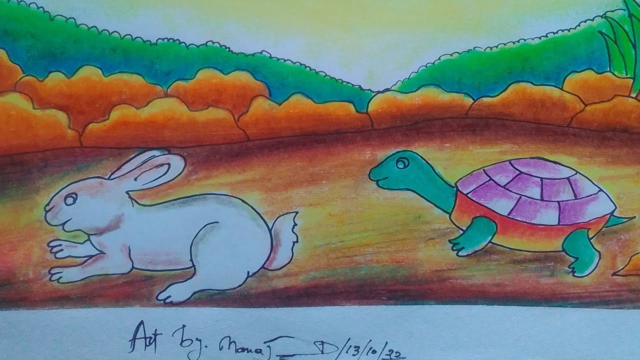 The Rabbit And The Tortoise Running Competition Drawing 
