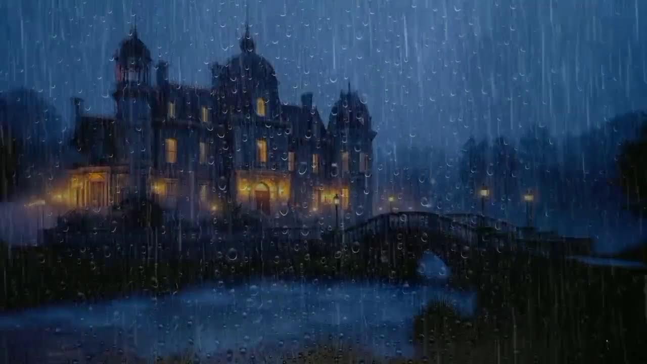 Rainy Night by the Waterfall Manor | Natural Rain Ambience for Insomnia | rain sounds for sleep USA