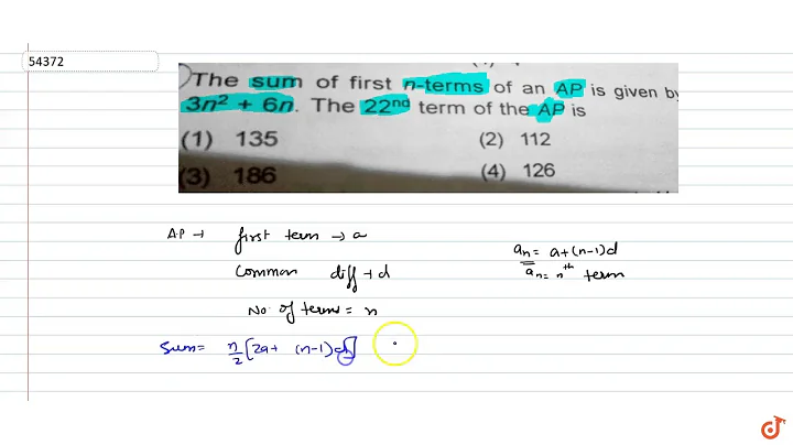 The sum of first n terms of an A.P is given by `3n^2+6n` The 22nd term of the A.p. is