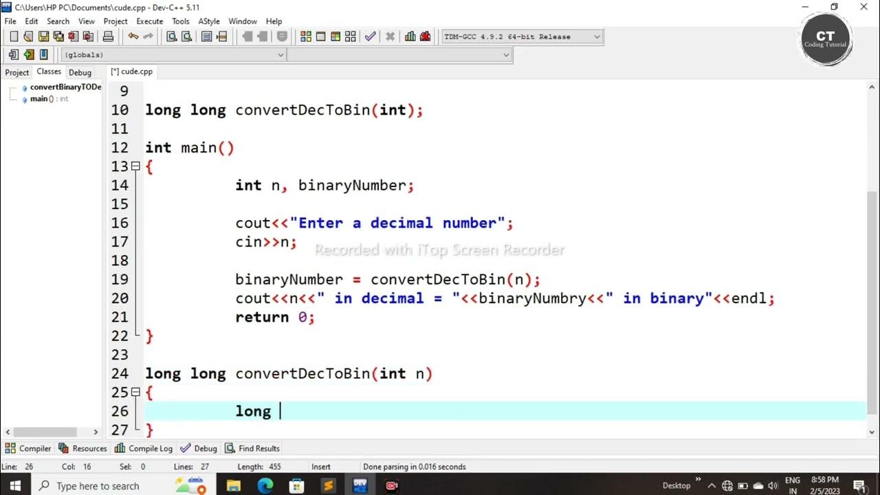 Write C++ Program to convert decimal number to binary using function ...