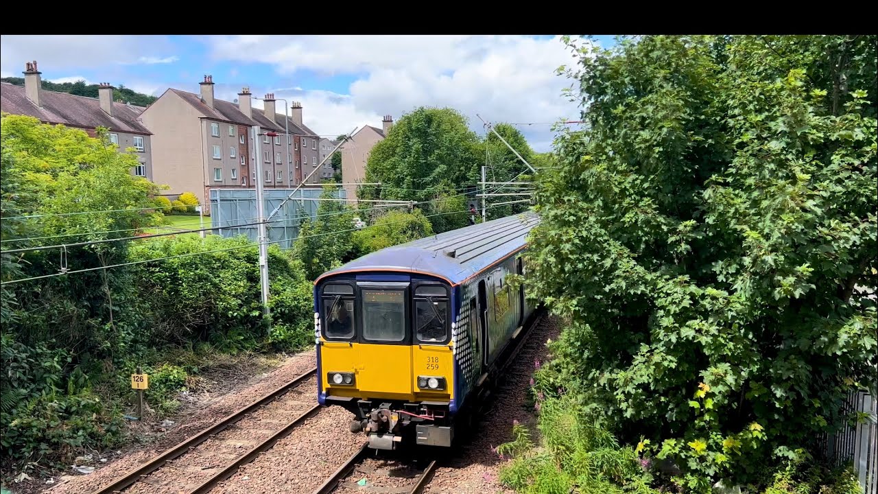 Scotrail trains at Gourock, Cove Rd footbridge and Gourock Station.