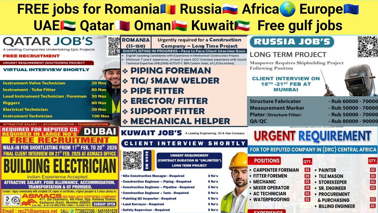 FREE jobs for Romania🇷🇴 Russia🇷🇺 Africa🌍 Europe🇪🇺 UAE🇦🇪 Qatar🇶🇦 Oman🇴🇲 Kuwait🇰🇼  Free gulf jobs