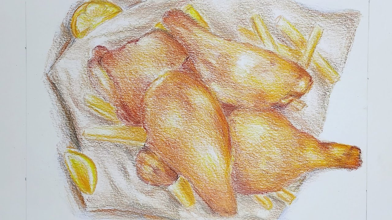 How to draw fried chickens and french fries with colored pencil on ...