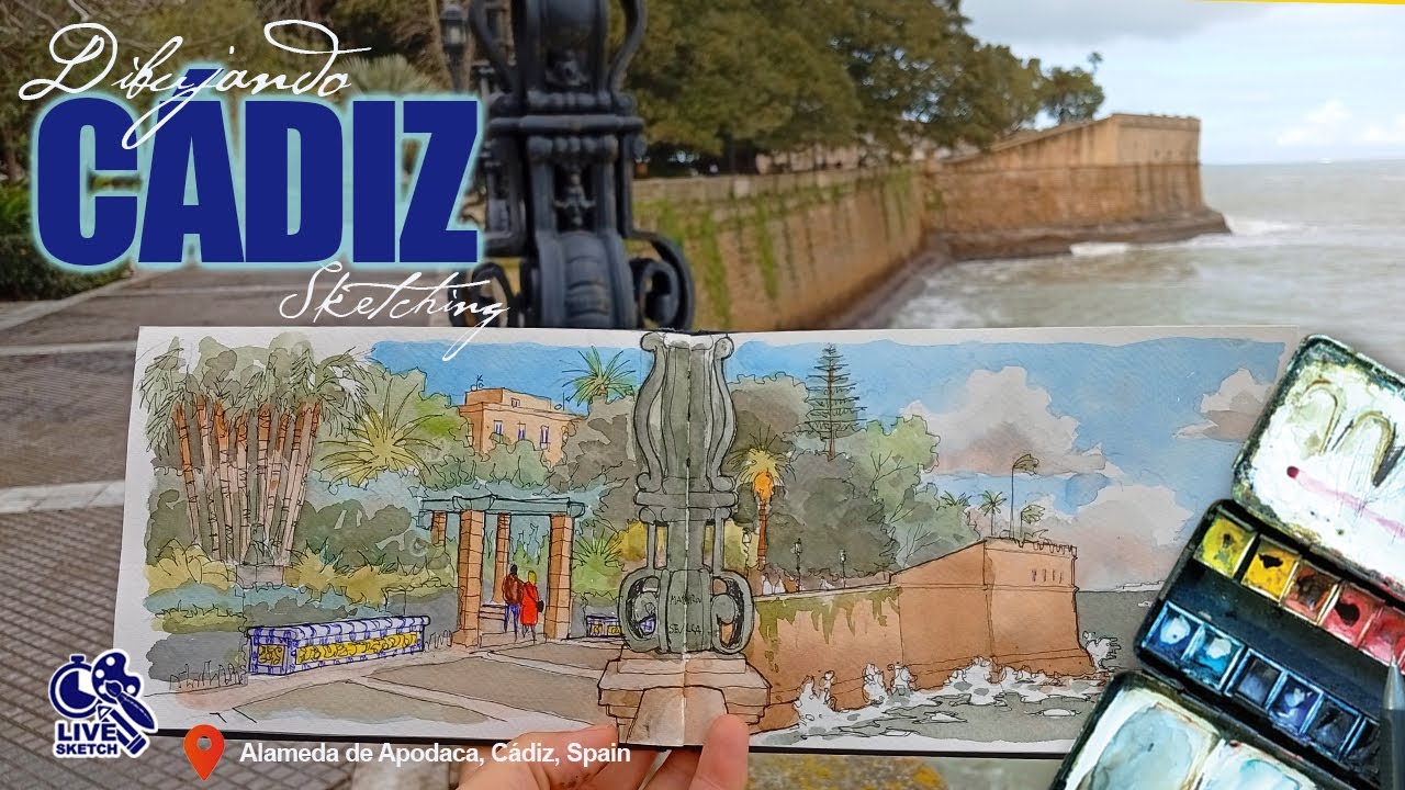 Dibujo de Cádiz en acuarela paso a paso. Sketching in Cadiz, Spain. Live watercolor step by step.