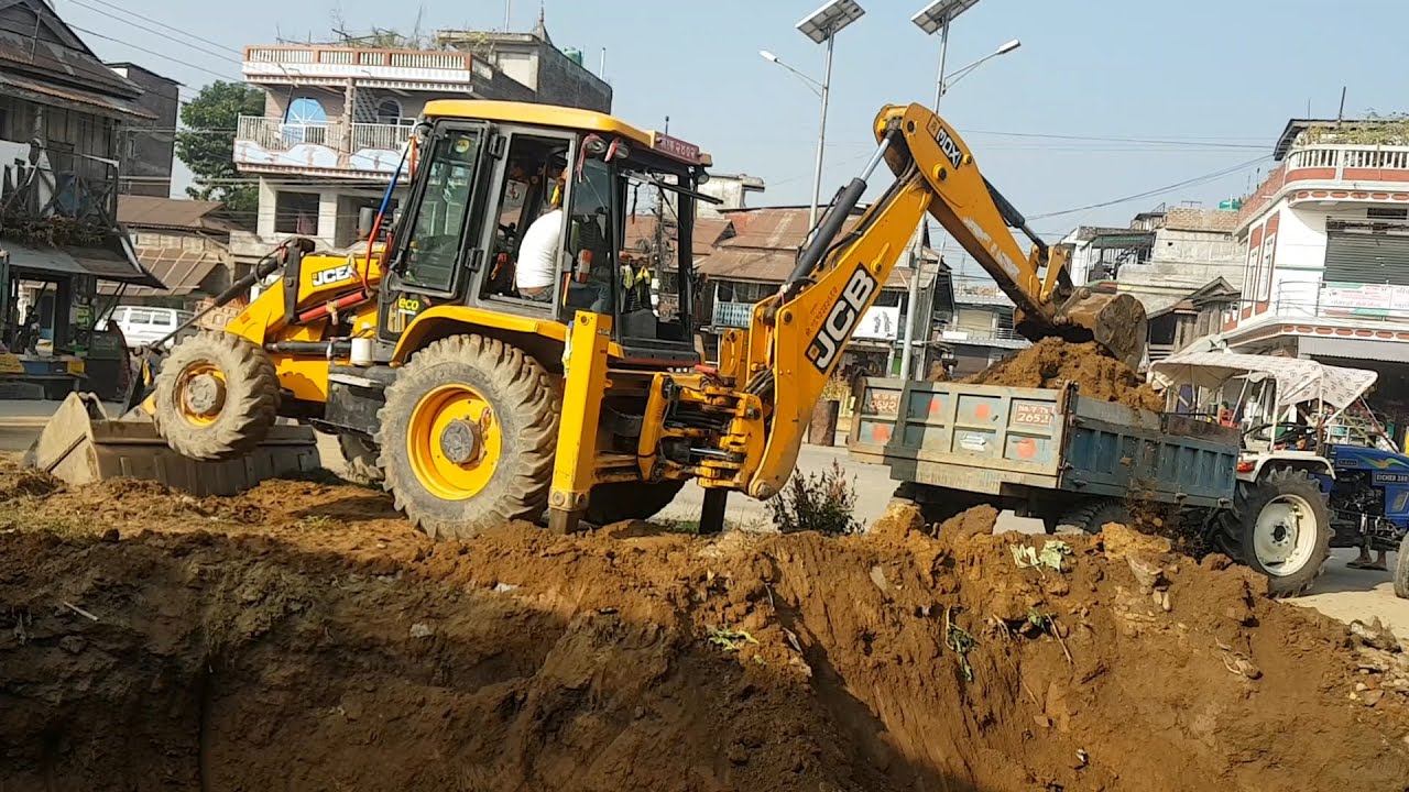 JCB Machine Cutting Mud and Loading in Tractor - JCB Digging For House Foundation Construction