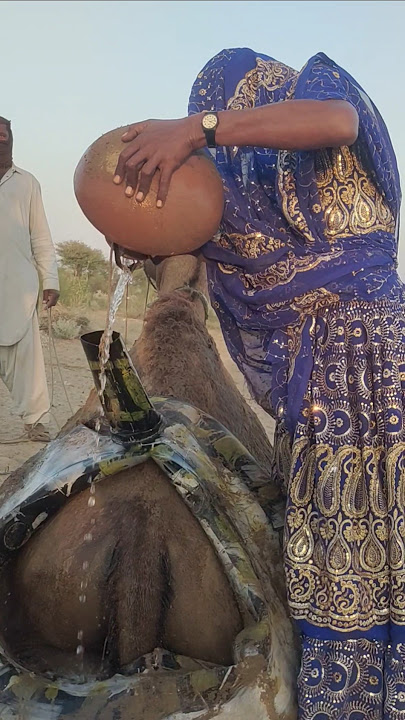 مَهَمَّةُ العَطَشِ: المَرْأَةُ تَمْلأُ أُنْبُوبَ المَاءِ بِالمِطْرَقَةِ