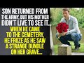 Son Found a Strange Bundle on His Mother’s Grave… Son returned from the army...