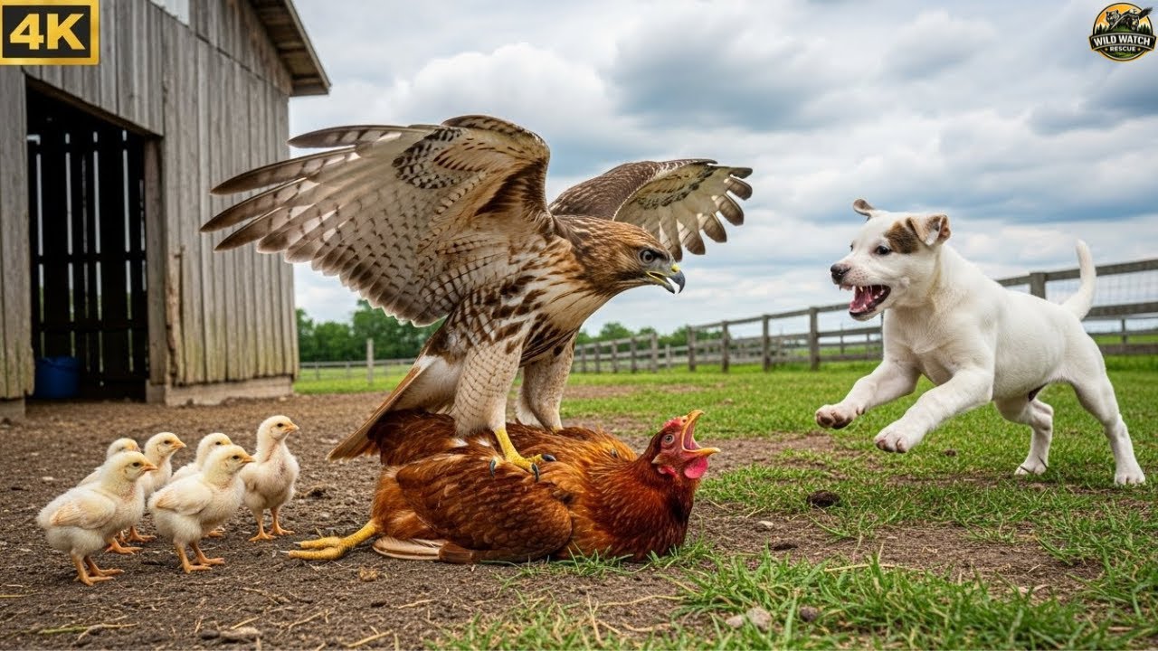 When a Puppy Dares to Confront a Hawk – Rescuing a Mother Hen on the Farm.