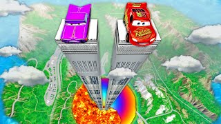 EXTREME HIGH JUMP in the RAINBOW POOL PIT VS Lightning McQueen and Pixar Cars! BeamNG. Drive Battle!