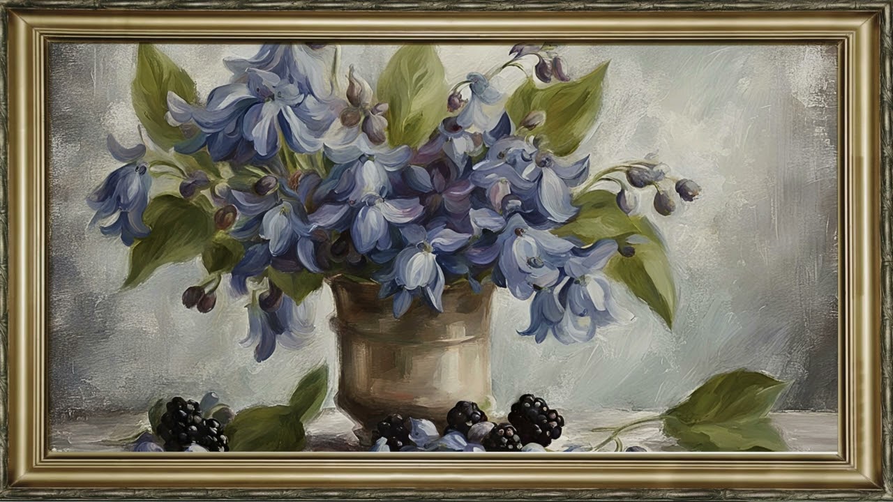 FREE NATURE TV ART  SCREENSAVER BACKGROUND FRAMED BLUEBELLS FLORAL PAINTING NO SOUND WALLPAPER 4K