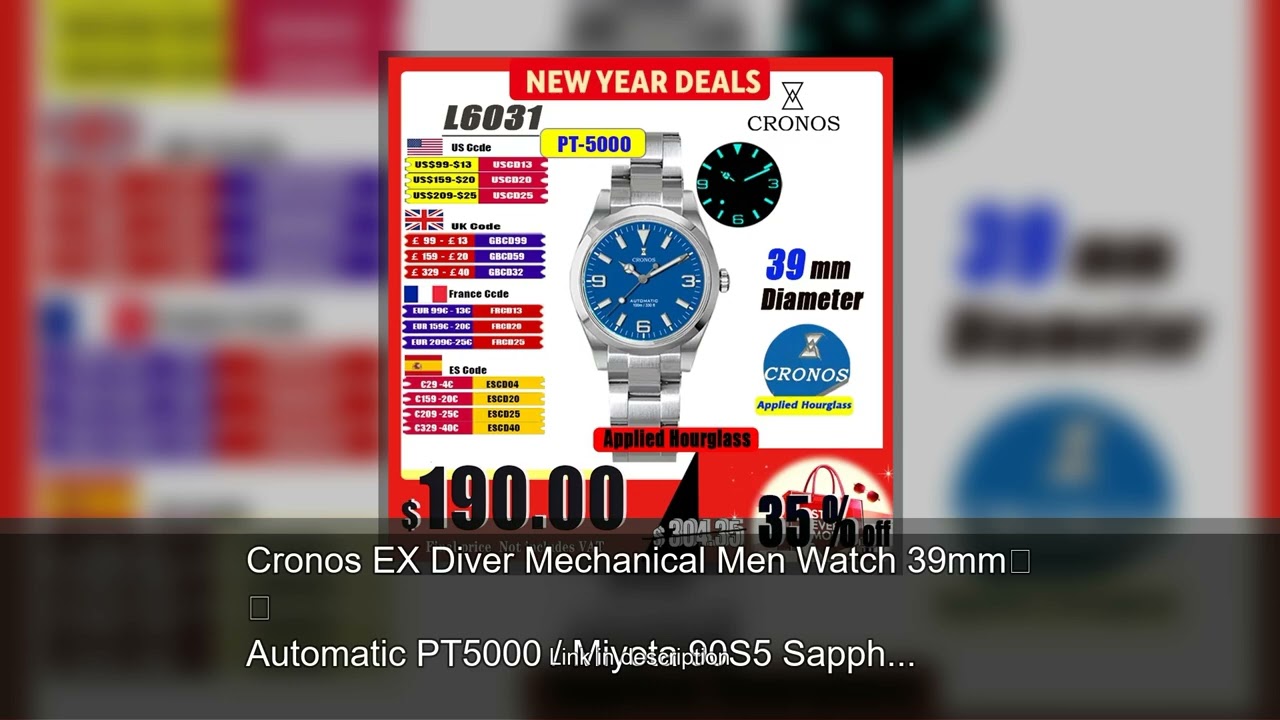 Cronos EX Diver Mechanical Men Watch 39mm Automatic PT5000 / Miyota 90S5 Sapphire Glass Bushed