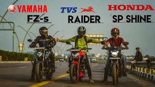Yamaha Fz-S Vs Tvs Raider Vs Honda Sp Shine -Top End Race Shocking Result