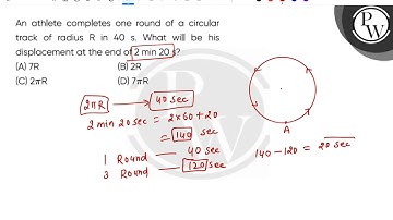 An athlete completes one round of a circular track of radius R in 40 s. What will be his displac....
