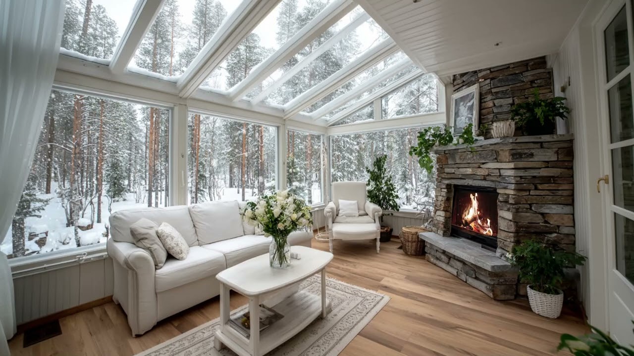 Tranquil Winter Holiday Room with Gentle Snow and Soothing Fireplace for Rest, Study, and Deep Sleep