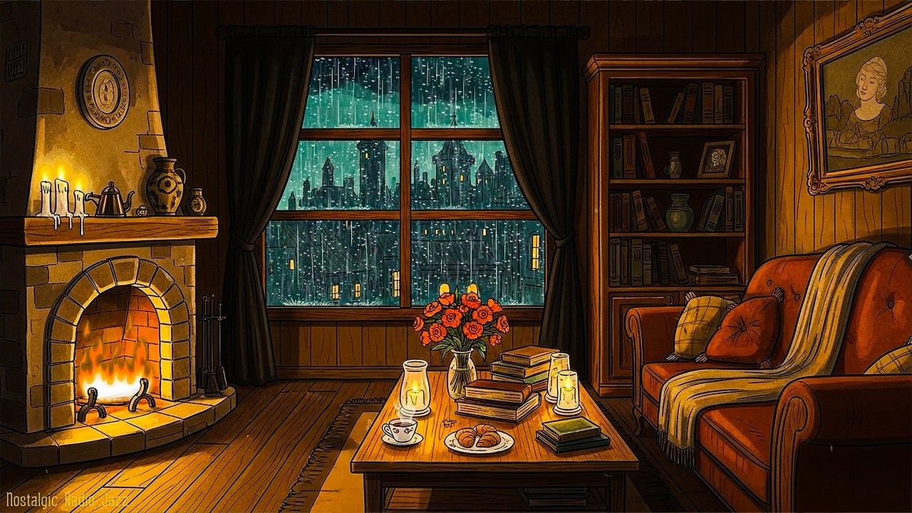 it's rainy cozy night in 1940's with vintage oldies music, fireplace sound for relax & stress relief