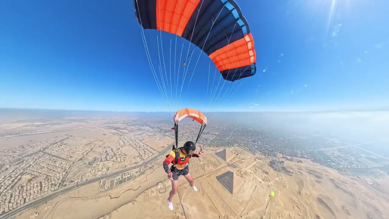 Stunning aerial view of the pyramids during skydiving festival in Cairo, Egypt