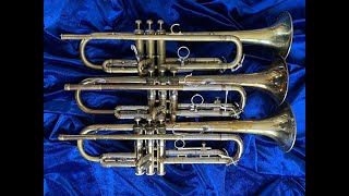 Olds Mendez, Super and Recording Trumpets
Items for sale: https://www.trumpetherald.com/marketplace.php?own=15921
For quality Olds information, visit https://olds-central.com - its a tremendous source! :)
And to purchase vintage Olds instruments: https://centexbrass.com/shop/ols/categories/olds And tell them I sent you! :)
In this video I demo three great Olds trumpets; a Mendez from 53, a Super from 62, and a Recoring from 64. At this time Olds was still putting out very fine instruments. This Mendez weighs in at 36.7 ounces, 1,044 grams. The Super weighs in at 38.3 ounces, 1088 grams, and the Recording weighs in at 39.1 ounces, 1109 grams. The Olds Symphony (34) weighs in at 39.1 ounces as well - with its heavier bell), and a more exact weight of 1110 grams. I play the Mendez, Super and Recording with 3 mouthpieces; first with a legit GR64MX, then with a deep TF piece - Reeves C2J, and lastly with a lead/commercial piece - Monettes BLM. Lastly, I play the Symphony with the GR64MX. Individual clips are listed below:
Menez w/ GR: 4:50
Super w/ GR: 7:13
Recording w/ GR: 13:19
Mendez w/ Reeves: 14:51
Super w/ Reeves: 15:47
Recording w/ Reeves: 17:02
Mendez w/ Monette: 19:34
Super w/ Monette: 20:51
Recording w/ Monette: 22:36
Symphony w/ GR: 25:57 Olds Mendez, Super and Recording Trumpets