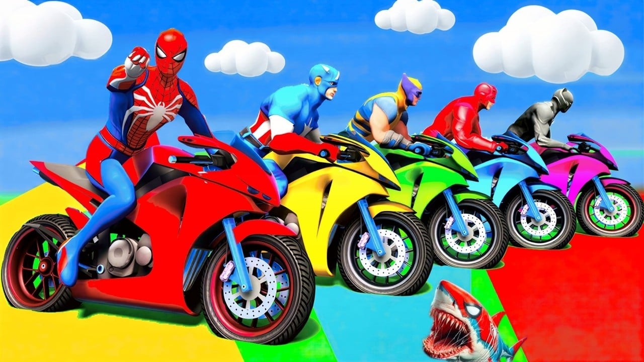الأبطال الخارقين على القضبان دوامة قمع جسر 🕷️🏍️ VERSICOLOR SPIDER MAN! on Motorcycle in Spiral Bri
