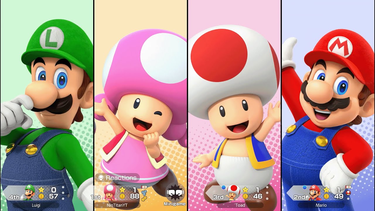 Super Mario Party Jamboree - Toadette vs Toad vs Mario vs Luigi - Roll 'em Raceway