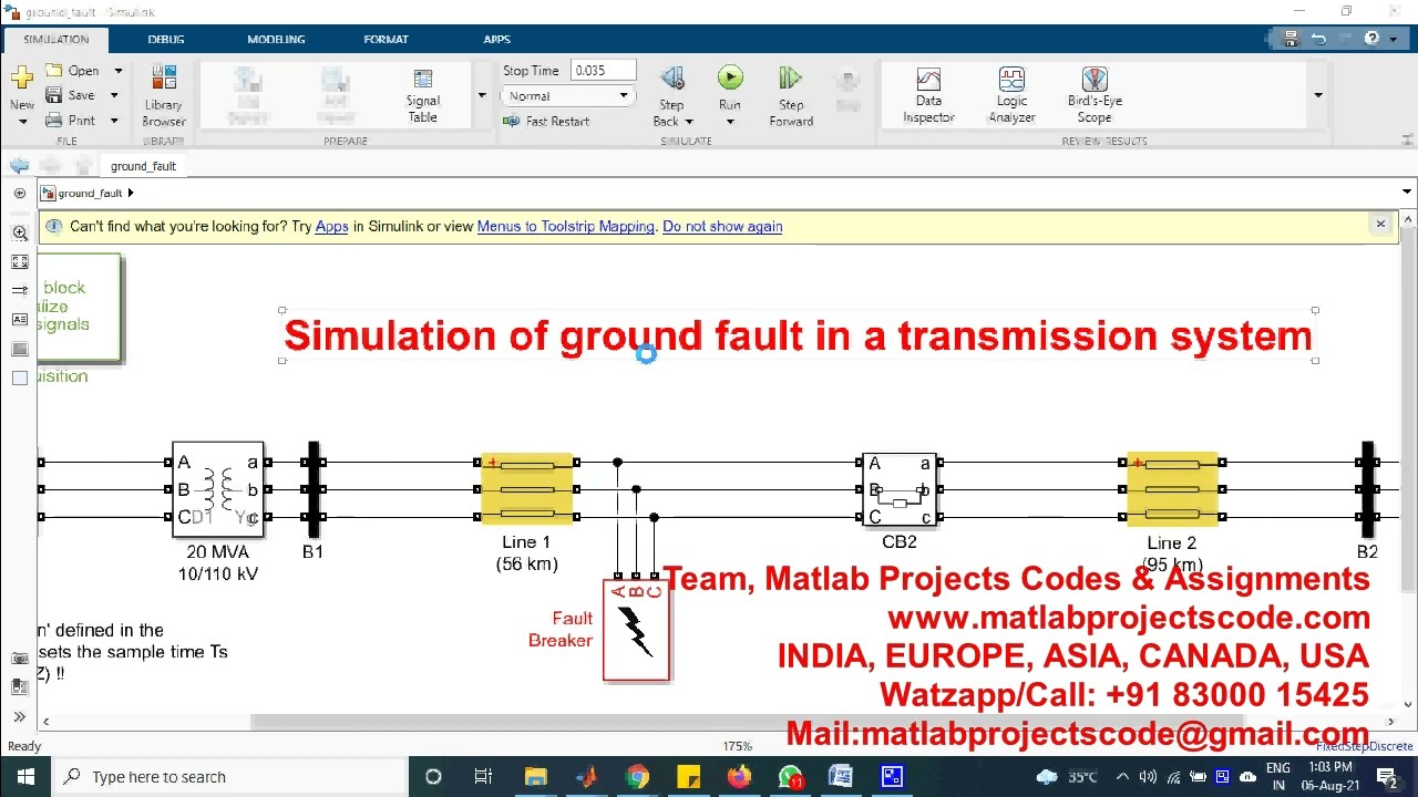 Simulation of ground fault in a transmission system PH.D. RESEARCH SUPPORT | MATLAB PROJECTS
