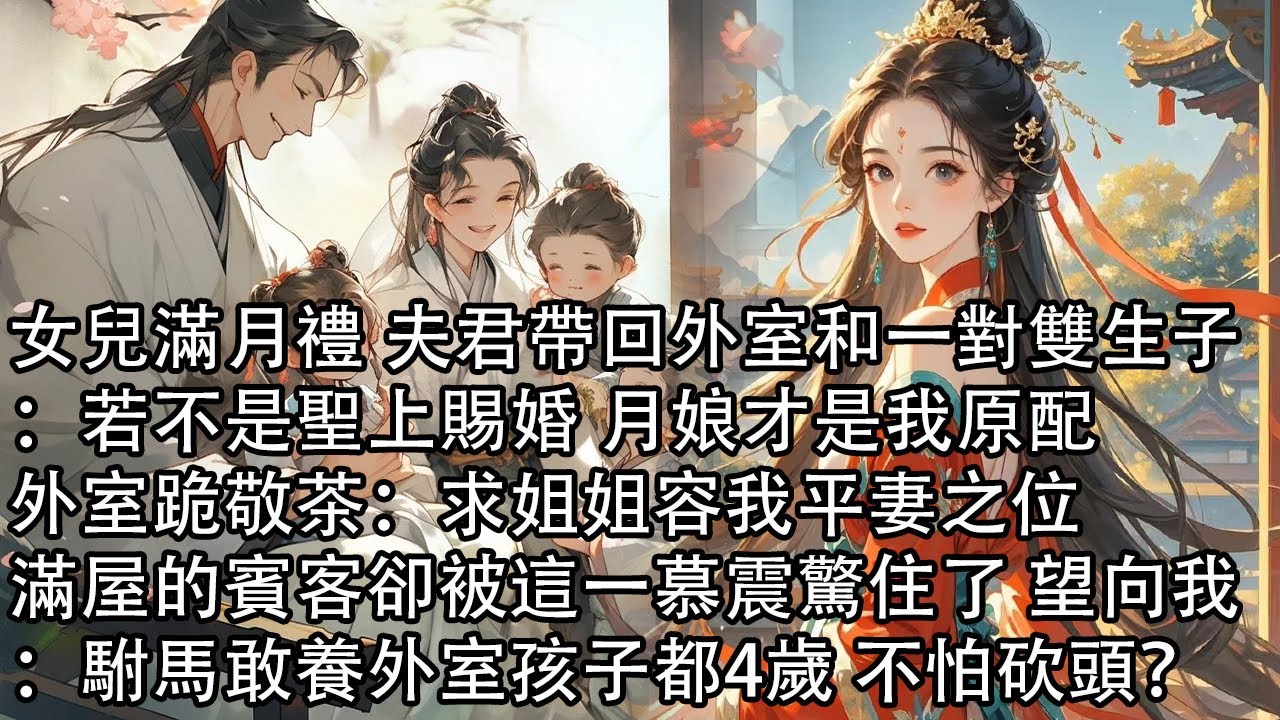【一口氣看完】女兒滿月禮 夫君帶回外室和一對雙生子：若不是聖上賜婚 月娘才是我原配，外室跪敬茶：求姐姐容我平妻之位，滿屋的賓客卻被這一慕震驚住了 望向我：駙馬敢養外室孩子都4歲 不怕砍頭？