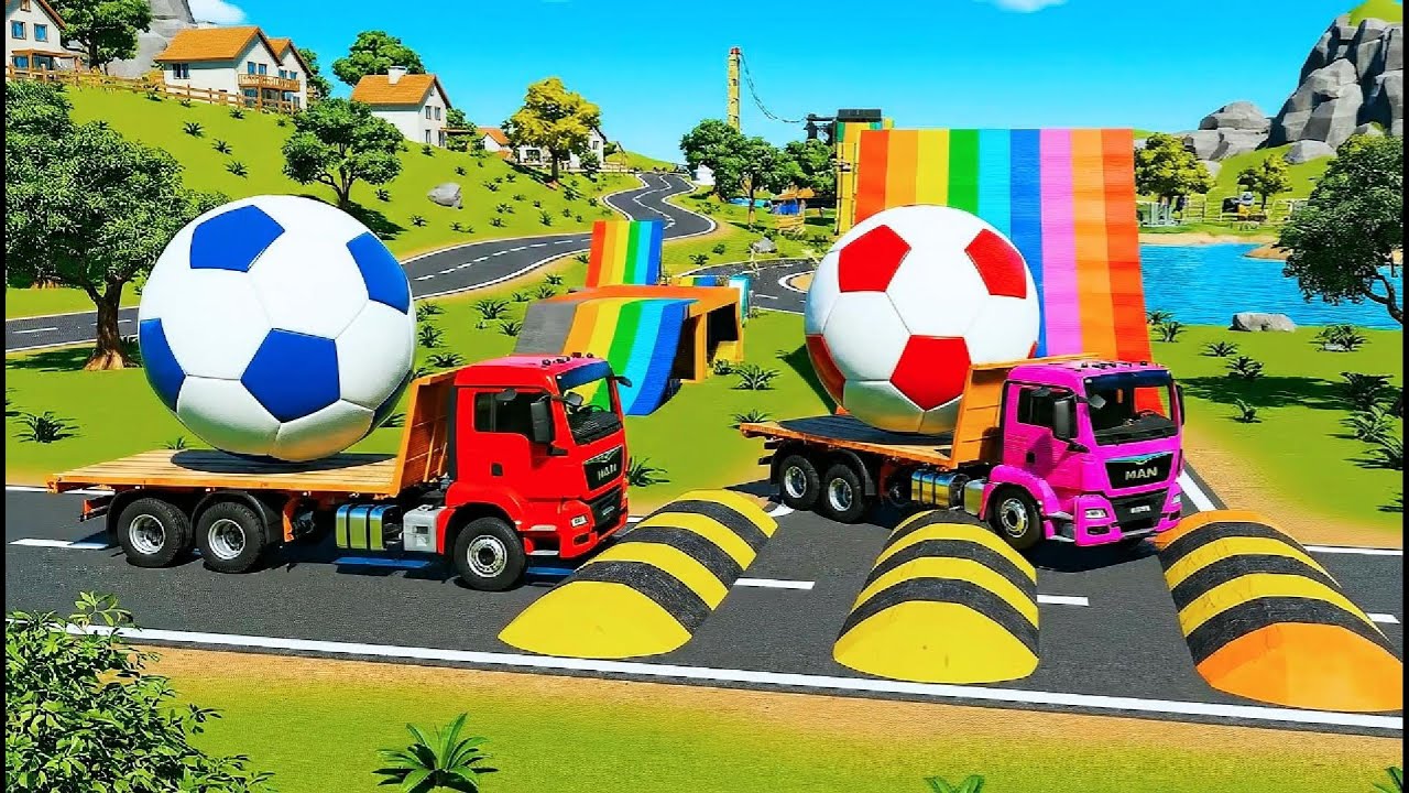 Flatbed Trailer McQueen Transportation with Truck - Speedbumps vs Cars vs Train - BeamNG.Drive 