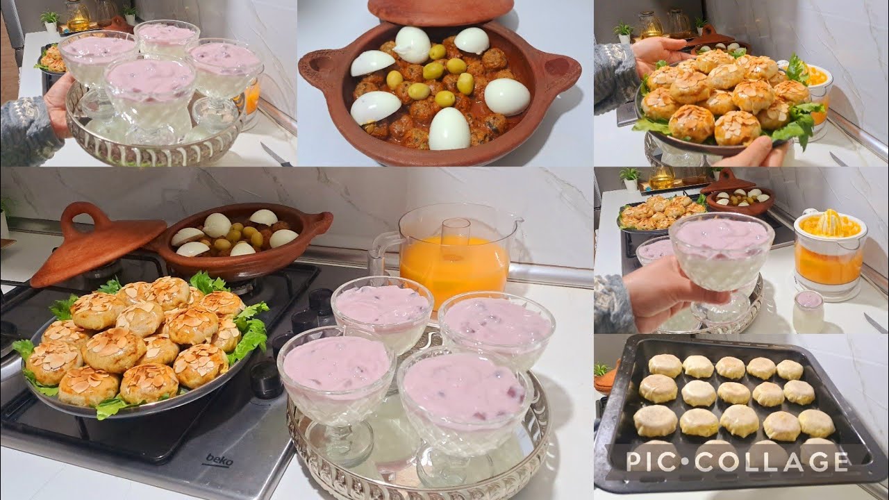 مائدة اليوم كاملة👌🏼 مكمولة بسطيلة الدجاج تحلية رائعة وطاجين بالكفتة معسل بالزبيب 😋