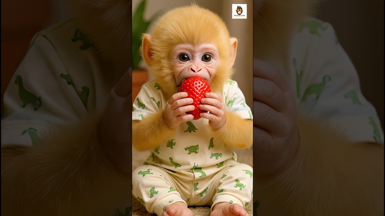 Adorable monkey eating strawberry 🍓🐵