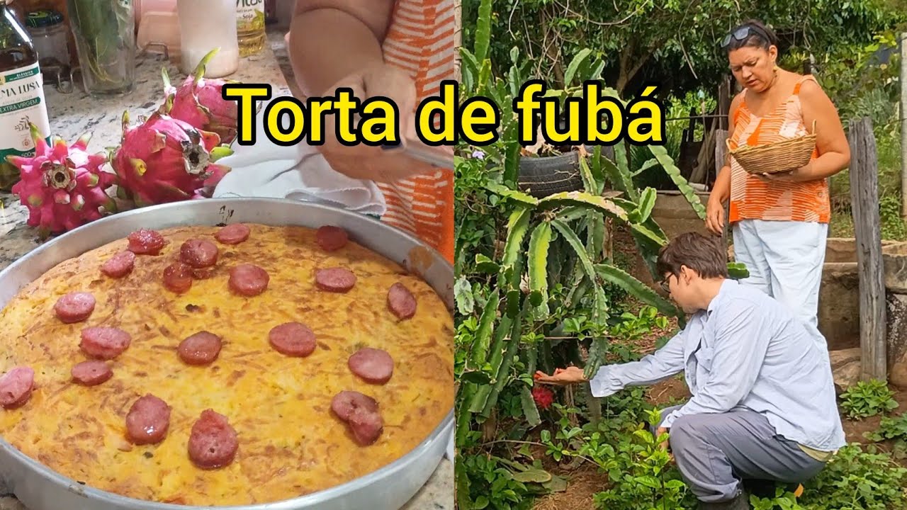 Colhi Tempero na Horta e Fiz Torta de Fubá Recheada Com Frango 🌿
