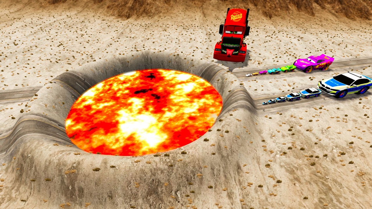 Big & Small McQueen & Police Car vs Zombie Mack, Giant Lava Pit - BeamNG.drive
