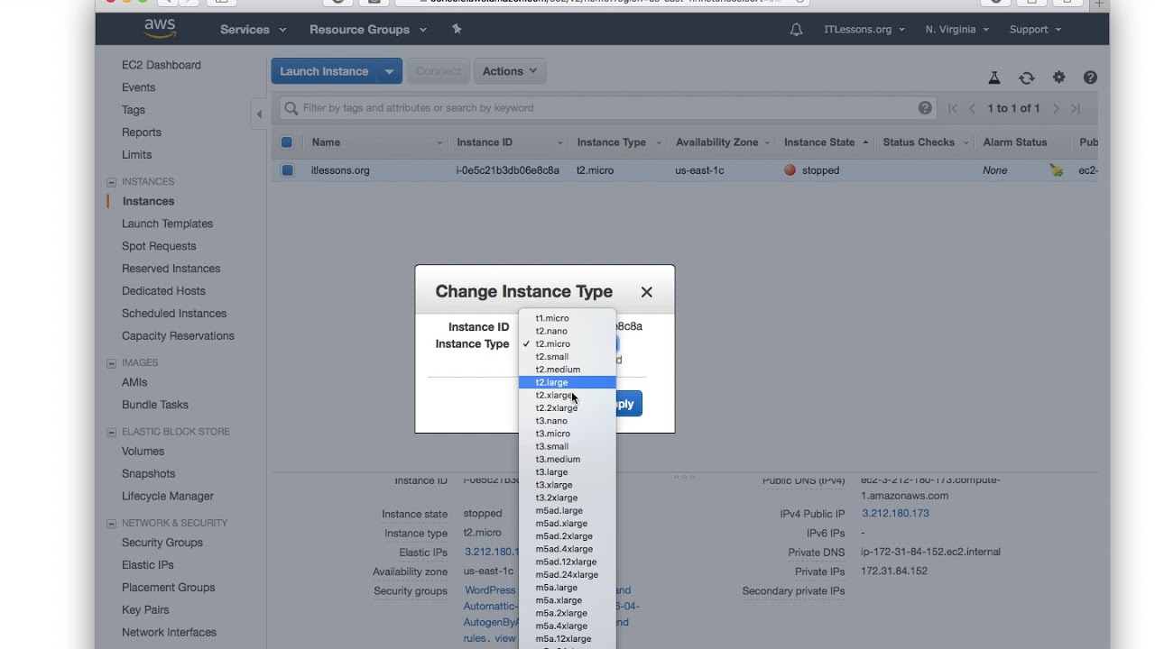 How to change the type of an AWS EC2 Instance - www.itlessons.org - YouTube