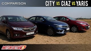 New Honda City vs Maruti Ciaz vs Toyota Yaris 2019 Comparison | Hindi | MotorOctane