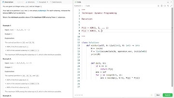 leetcode 3599  Partition Array to Minimize XOR | DP recursion