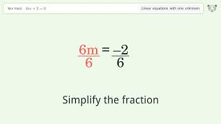 Solve 6m+2=0: Linear Equation Video Solution | Tiger Algebra