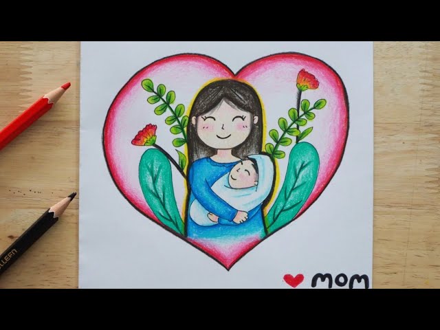 วาดภาพวันแม่ วาดรูปวันแม่ สวยๆ (สีไม้) | วาดรูปวันแม่แห่งชาติ สวยๆ | How To Draw Mother and Baby - YouTube