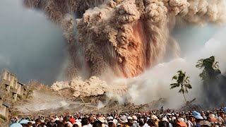 Потоки холодной лавы и пепла сметают дома после извержения вулкана Марапи, Индонезия.