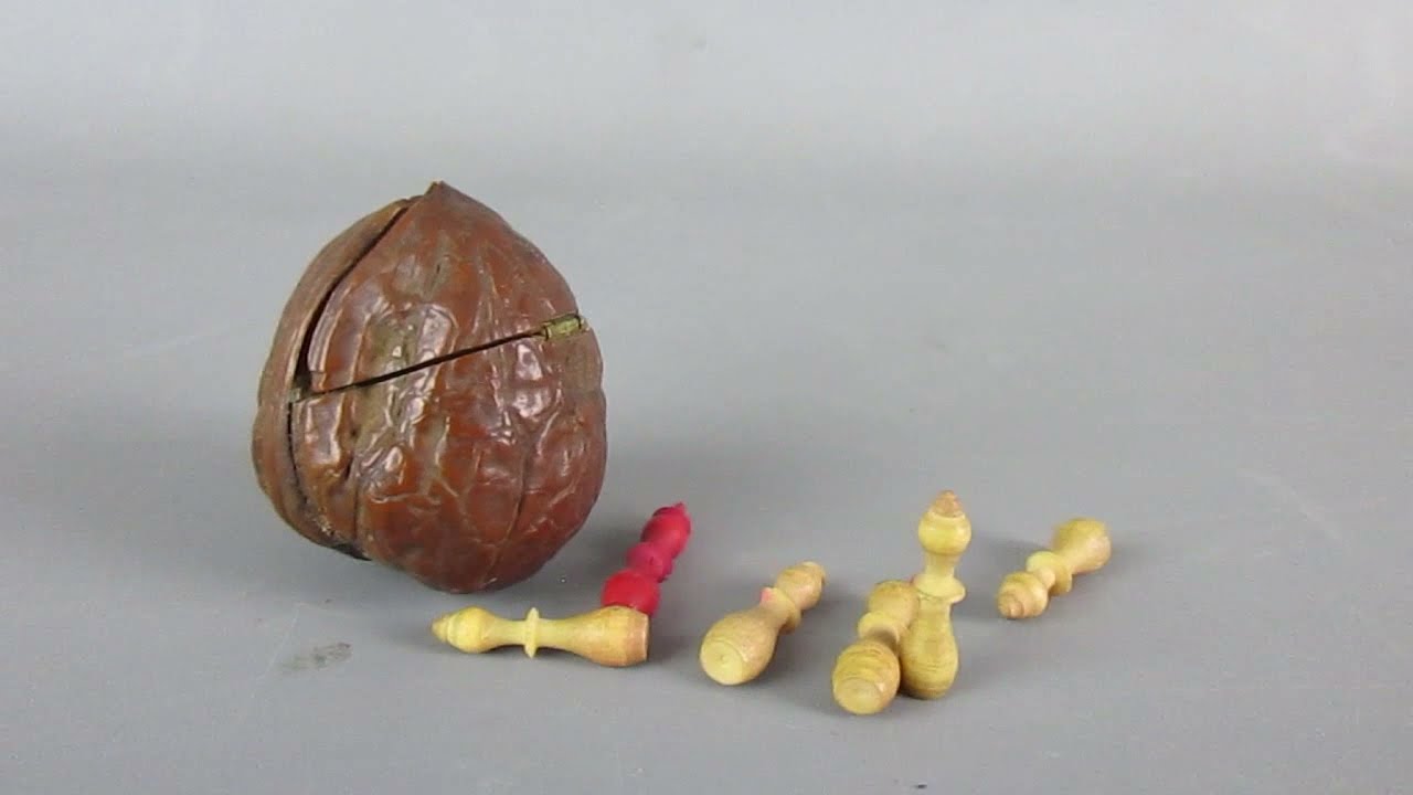 Walnut Shell & Miniature 9 Pin Skittles Set Antique Victorian c1900 ( SCS14130 )