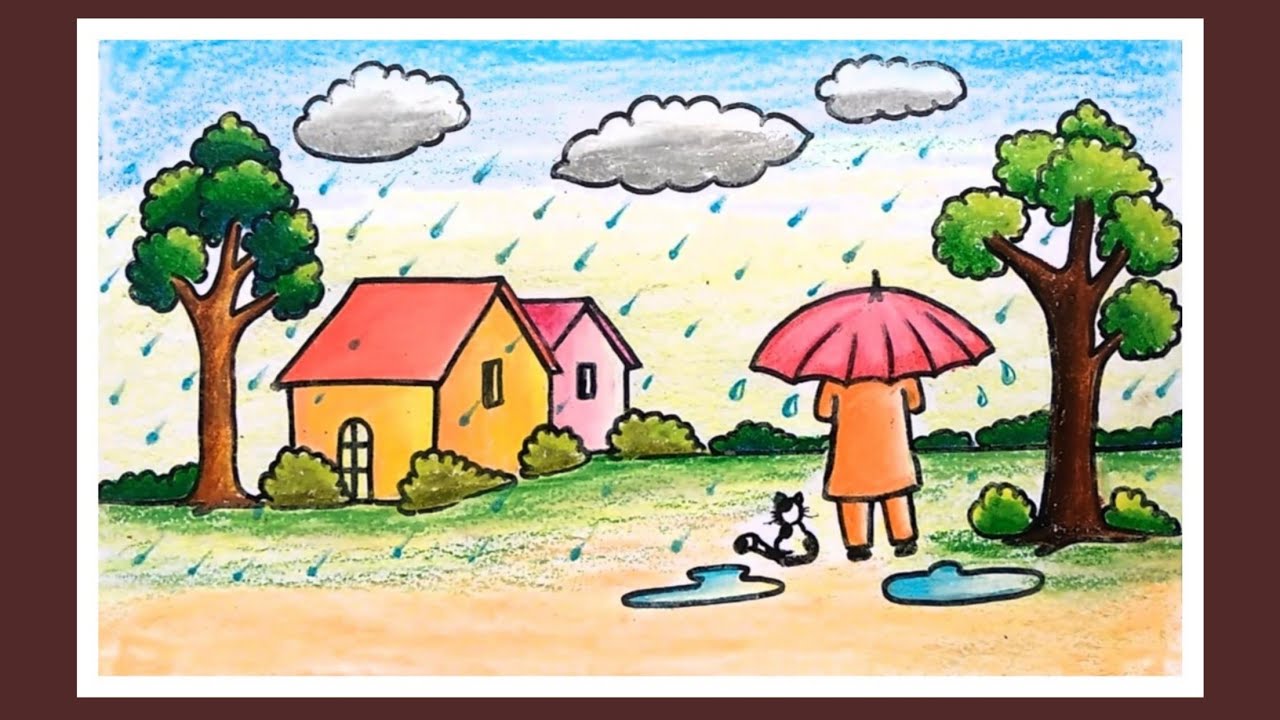 How to Draw Rainy Season Scenery for Kids | Step by Step Village ...