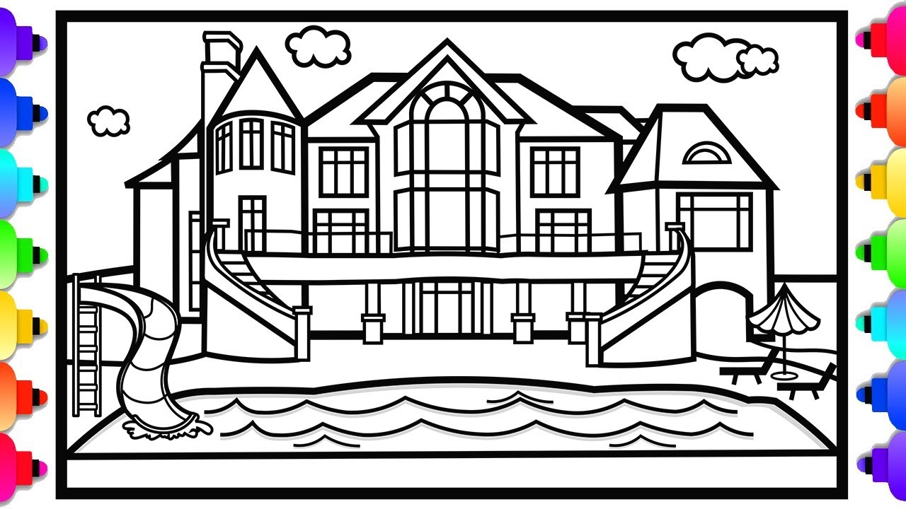How To Draw A Mansion House With A Swimming Pool Mansion Coloring 