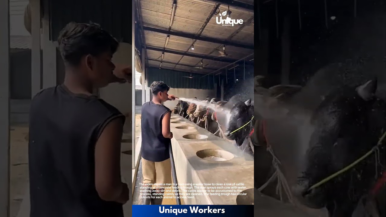 Cattle Cleaning Day: Man Hoses Down Cows in Barn