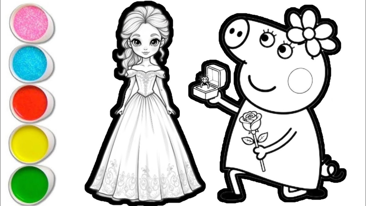 Drawing Princess Papi Peppa pig with princess drawing and coloring for kids and toddlers ...