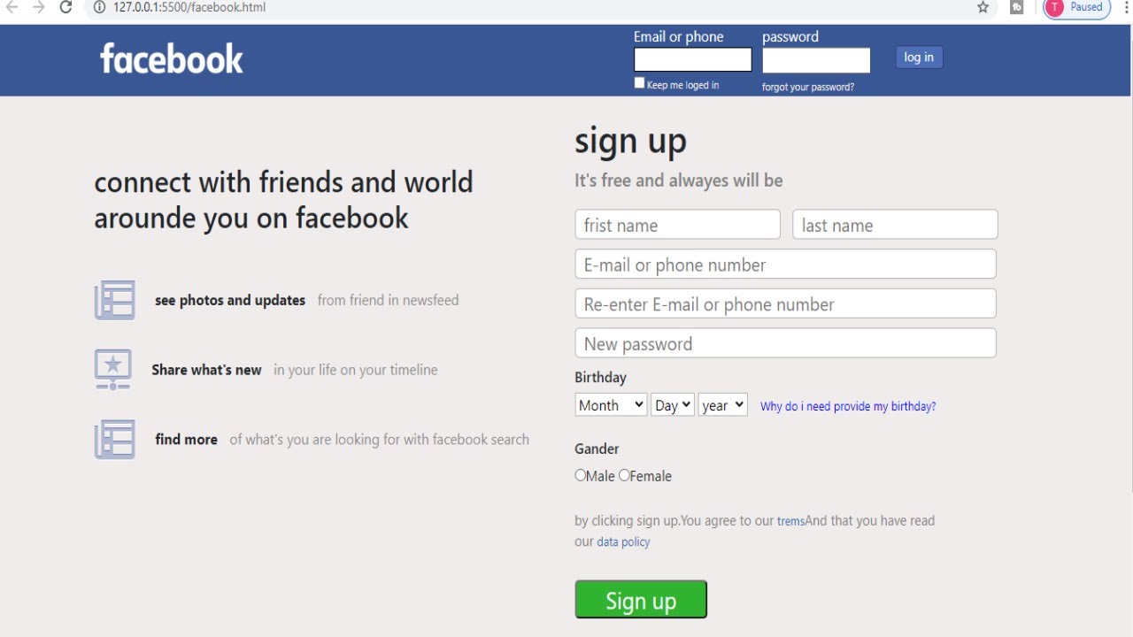 First create fb & google sign up page with html,css,botstrap|||very ...