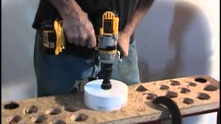 Blue Boar TCT hole cutter cutting 6-1/4” hole in Advantech with DeWalt cordless drill