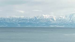 富山観光【富山のおすすめ宿/海が見える宿】宿からの景色/冬の富山湾と海越しの立山連峰/2022.01.23/富山県/氷見の民宿青柳